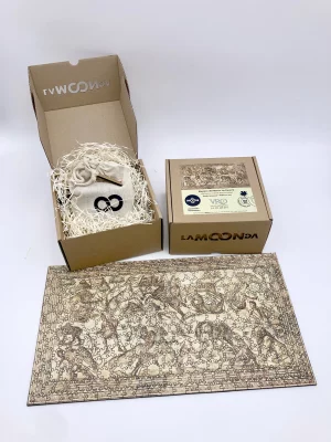 Packaging del puzzle artesano del mosaico La Cacería de la Villa Romana de la Olmeda